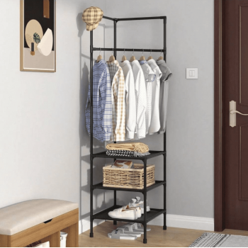 Стійка вішалка кутова для одягу та взуття GTM Loft Mini Organizer сталева підлогова з трьома полицями для взуття стійка для речей стелаж 180*45*45 см Black