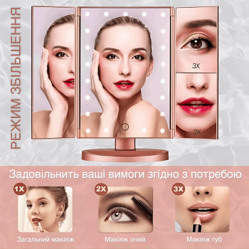 Косметичне настільне дзеркало зі збільшенням MagMake GTM з LED підсвічуванням для макіяжу складане Pink (T1237D)