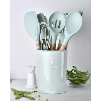 Кухонний набір силіконовий Kitchen GTM набори кухонного приладдя з дерев'яною ручкою та підставкою 12 предметів
