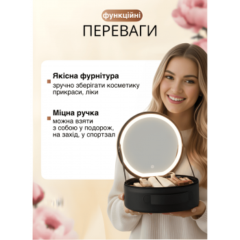 Косметичка органайзер бьюті кейс з великим дзеркалом та сумочкою для пензликів GTM LED підсвічування валізка-сумка для зберігання косметики та приладдя