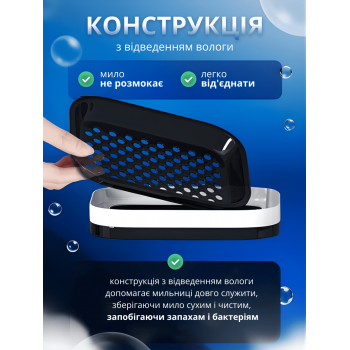 Мильниця з піддоном для води для мила та губок настінна самоклеюча SD GTM на липучці зі зливом для ванної та кухні 