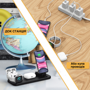 Бездротова зарядна док станція для apple айфона годинників навушників Wireless Charger 6в1 D6 GTM універсальний зарядний пристрій на айфон iphone airpods iwatch епл вотч 1-10 series чорна
