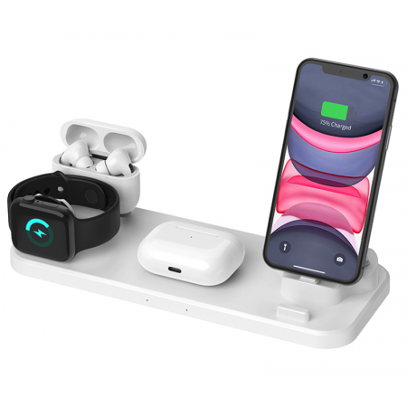 Бездротова зарядна док-станція 6в1 D6 Wireless Charger GTM універсвльна для iPhone, Android, Apple Watch, ApplePods, AirPods, Samsung і всіх телефонів, навушників, смарт-годинників з функцією бездротової зарядки Qi