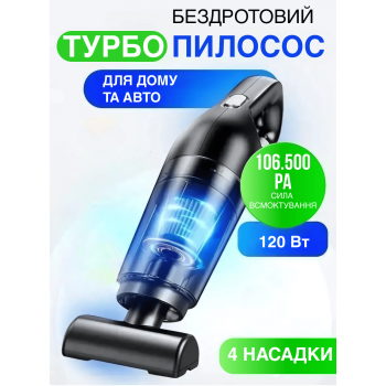 Пилосос для автомобіля (автомобільний) безпровідний з насадками 4в1 120 Вт GTM Fold 4в1 Акумуляторний для дому та авто Black