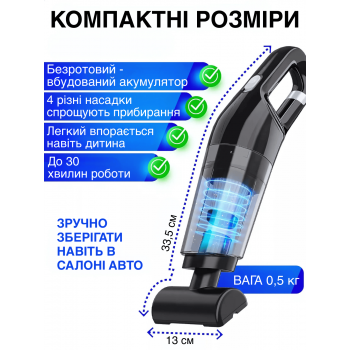 Пилосос для автомобіля (автомобільний) безпровідний з насадками 4в1 120 Вт GTM Fold 4в1 Акумуляторний для дому та авто Black
