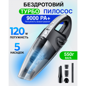 Пилосос ручной потужний автомобільний акумуляторний бездротовий Vac GTM Cl для сухого та вологого прибирання в авто та дому 5 насадок 